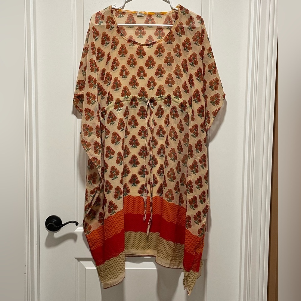 Chic Kaftan O/S 7 Islands Orange Red Cream Swim Beach Cover Up Dress Cinch Waist